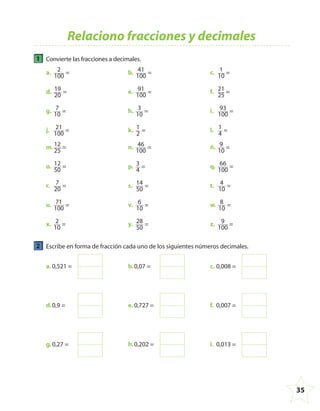 35
1 Convierte las fracciones a decimales.
a. 2
100
= b. 41
100
= c. 1
10
=
d. 19
20
= e. 91
100
= f. 21
25
=
g. 7
10
= h. 3
10
= i. 93
100
=
j. 21
100
= k. 1
2
= l. 1
4
=
m. 12
25
= n. 46
100
= ñ. 9
10
=
o. 12
50
= p. 3
4
= q. 66
100
=
r. 7
20
= s. 14
50
= t. 4
10
=
u. 71
100
= v. 6
10
= w. 8
10
=
x. 2
10
= y. 28
50
= z. 9
100
=
2 Escribe en forma de fracción cada uno de los siguientes números decimales.
a. 0,521 = b.0,07 = c. 0,008 =
d.0,9 = e. 0,727 = f. 0,007 =
g.0,27 = h.0,202 = i. 0,013 =
Relaciono fracciones y decimales
4º CUADERNILLO 4.indd 35 29/11/11 09:08:54
 