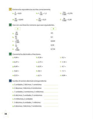 38
7 Encierra las equivalencias escritas correctamente.
a. 3
10
= 0,03
d. 45
100
= 0,045
b.1 12
100
= 1,2
e. 25
100
= 0,25
c. 276
1000
= 0,276
f. 38
1000
= 0,38
8 Une con una línea los números que sean equivalentes.
A
a. 30
100
b. 45
10
c. 734
1000
d. 1
10
e. 29
1000
B
4,5
0,1
0,029
0,30
0,734
9 Convierte los decimales a fracciones.
a. 4,44 = b.9,36 = c. 9,3 =
d.6,37 = e. 2,73 = f. 1,18 =
g.8,49 = h.6,91 = i. 4,7 =
j. 5,62 = k.0,6 = l. 1,7 =
m.0,53 = n.6,3 = ñ.4,84 =
10 Escribe el número decimal correspondiente.
a. 5 unidades,2 décimos,1 centésimo
b.2 decenas,3 décimos,4 centésimos
c. 7 unidades,2 centésimos,5 milésimos
d.6 décimos,2 unidades,5 centésimos
e. 4 milésimos,2 unidades
f. 3 décimos,6 unidades,1 milésimo
g.4 decenas,3 décimos,7 centésimos
4º CUADERNILLO 4.indd 38 29/11/11 09:08:56
 