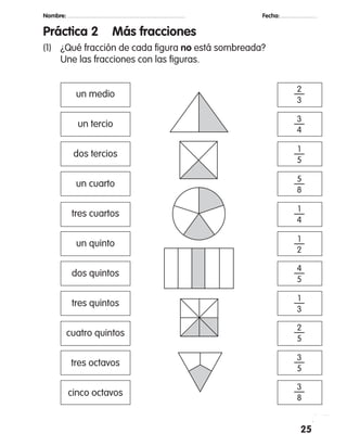 25
Nombre: 		 Fecha:
Práctica 2	 Más fracciones
(1)	 ¿Qué fracción de cada figura no está sombreada?
	 Une las fracciones con las figuras.
2
—
3
un medio
un tercio
dos tercios
un cuarto
tres cuartos
un quinto
dos quintos
tres quintos
cuatro quintos
tres octavos
cinco octavos
3
—
4
1
—
5
5
—
8
1
—
4
1
—
2
4
—
5
1
—
3
2
—
5
3
—
5
3
—
8
 