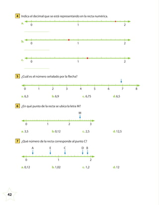 42
4 Indica el decimal que se está representando en la recta numérica.
a.
0 21
b.
0 21
c.
0 21
5 ¿Cuál es el número señalado por la flecha?
0 5 83 4 71 2 6
a. 6,3 b.6,9 c. 6,75 d.6,5
6 ¿En qué punto de la recta se ubica la letra M?
0 321
M
a. 3,5 b.0,12 c. 2,5 d.12,5
7 ¿Qué número de la recta corresponde al punto C?
0 21
BE DA C
a. 0,12 b.1,02 c. 1,2 d.12
4º CUADERNILLO 4.indd 42 29/11/11 09:08:58
 