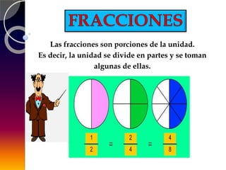 Las fracciones son porciones de la unidad.
Es decir, la unidad se divide en partes y se toman
algunas de ellas.
 