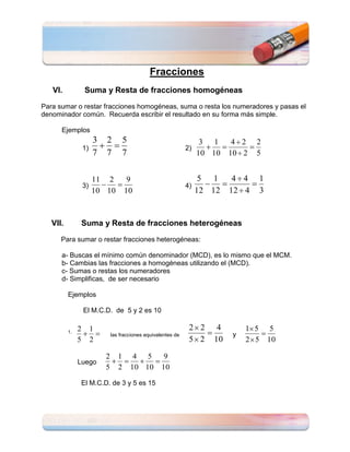 Fracciones
   VI.             Suma y Resta de fracciones homogéneas
Para sumar o restar fracciones homogéneas, suma o resta los numeradores y pasas el
denominador común. Recuerda escribir el resultado en su forma más simple.

      Ejemplos
                        3   2        5                                 3 1     4 2   2
                   1)                                            2)
                        7   7        7                                10 10   10 2   5


                        11 2            9                              5 1     4 4   1
                   3)                                            4)
                        10 10          10                             12 12   12 4   3


   VII.            Suma y Resta de fracciones heterogéneas
      Para sumar o restar fracciones heterogéneas:

      a- Buscas el mínimo común denominador (MCD), es lo mismo que el MCM.
      b- Cambias las fracciones a homogéneas utilizando el (MCD).
      c- Sumas o restas los numeradores
      d- Simplificas, de ser necesario

          Ejemplos

                   El M.C.D. de 5 y 2 es 10


          1.
               2        1                                         2 2     4       1 5     5
                                las fracciones equivalentes de                y
               5        2                                         5 2    10       2 5    10

                            2      1      4 5          9
               Luego
                            5      2     10 10        10

               El M.C.D. de 3 y 5 es 15
 
