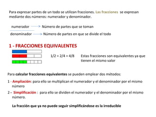Para expresar partes de un todo se utilizan fracciones.  Las fracciones  se expresan  mediante dos números: numerador y denominador. numerador denominador Número de partes que se toman Número de partes en que se divide el todo 1/2 = 2/4 = 4/8 Estas fracciones son equivalentes ya que  tienen el mismo valor Para  calcular fracciones equivalentes  se pueden emplear dos métodos: 1  -  Ampliación : para ello se multiplican el numerador y el denominador por el mismo  número 1 - FRACCIONES EQUIVALENTES 2  -  Simplificación   :  para ello se dividen el numerador y el denominador por el mismo  número. La fracción que ya no puede seguir simplificándose es la irreducible  