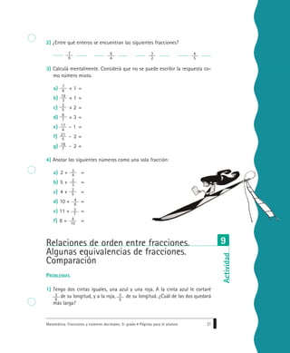 2) ¿Entre qué enteros se encuentran las siguientes fracciones?
3) Calculá mentalmente. Considerá que no se puede escribir la respuesta co-
mo número mixto.
a) + 1 =
b) + 1 =
c) + 2 =
d) + 3 =
e) - 1 =
f) - 2 =
g) - 2 =
4) Anotar los siguientes números como una sola fracción:
a) 2 + =
b) 5 + =
c) 4 + =
d) 10 + =
e) 11 + =
f) 8 + =
PROBLEMAS
1) Tengo dos cintas iguales, una azul y una roja. A la cinta azul le cortaré
de su longitud, y a la roja, de su longitud. ¿Cuál de las dos quedará
más larga?
Matemática. Fracciones y números decimales. 5º grado • Páginas para el alumno 21
Relaciones de orden entre fracciones.
Algunas equivalencias de fracciones.
Comparación
9
Actividad
7
8
19
3
3
5
8
7
17
4
21
5
18
7
3
4
2
3
3
5
4
6
3
7
4
10
3
8
3
5
7
6
9
4
3
2
4
5
 