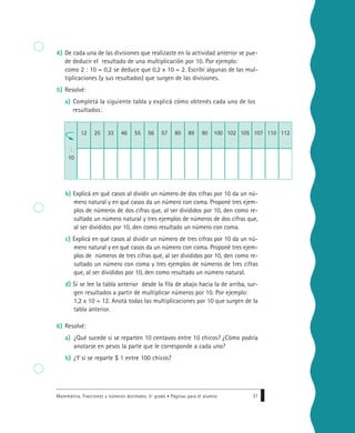 4) De cada una de las divisiones que realizaste en la actividad anterior se pue-
de deducir el resultado de una multiplicación por 10. Por ejemplo:
como 2 : 10 = 0,2 se deduce que 0,2 x 10 = 2. Escribí algunas de las mul-
tiplicaciones (y sus resultados) que surgen de las divisiones.
5) Resolvé:
a) Completá la siguiente tabla y explicá cómo obtenés cada uno de los
resultados:
b) Explicá en qué casos al dividir un número de dos cifras por 10 da un nú-
mero natural y en qué casos da un número con coma. Proponé tres ejem-
plos de números de dos cifras que, al ser divididos por 10, den como re-
sultado un número natural y tres ejemplos de números de dos cifras que,
al ser divididos por 10, den como resultado un número con coma.
c) Explicá en qué casos al dividir un número de tres cifras por 10 da un nú-
mero natural y en qué casos da un número con coma. Proponé tres ejem-
plos de números de tres cifras que, al ser divididos por 10, den como re-
sultado un número con coma y tres ejemplos de números de tres cifras
que, al ser divididos por 10, den como resultado un número natural.
d) Si se lee la tabla anterior desde la fila de abajo hacia la de arriba, sur-
gen resultados a partir de multiplicar números por 10. Por ejemplo:
1,2 x 10 = 12. Anotá todas las multiplicaciones por 10 que surgen de la
tabla anterior.
6) Resolvé:
a) ¿Qué sucede si se reparten 10 centavos entre 10 chicos? ¿Cómo podría
anotarse en pesos la parte que le corresponde a cada uno?
b) ¿Y si se reparte $ 1 entre 100 chicos?
Matemática. Fracciones y números decimales. 5º grado • Páginas para el alumno 31
12 25 33 46 55 56 57 80 89 90 100 102 105 107 110 112
:
10
 
