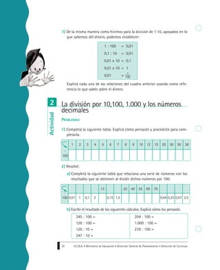 G.C.B.A. • Ministerio de Educación • Dirección General de Planeamiento • Dirección de Currícula32
7) De la misma manera como hicimos para la división de 1:10, apoyados en lo
que sabemos del dinero, podemos establecer:
Explicá cada una de las relaciones del cuadro anterior usando como refe-
rencia lo que sabés sobre el dinero.
PROBLEMAS
1) Completá la siguiente tabla. Explicá cómo pensaste y procediste para com-
pletarla.
2) Resolvé:
a) Completá la siguiente tabla que relaciona una serie de números con los
resultados que se obtienen al dividir dichos números por 100:
b) Escribí el resultado de los siguientes cálculos. Explicá cómo los pensaste.
345 : 100 = 204 : 100 =
128 : 100 = 1.000 : 100 =
126 : 10 = 276 : 100 =
347 : 10 =
La división por 10,100, 1.000 y los números
decimales
2
Actividad
1 2 3 4 5 6 7 8 9 10 12 15 20 30 50 36
:
100
0,01 1 0,1 2
13
0,15 1,5
25 40 55 60 79
0,04 0,25 0,47 3,5
:
100
1 : 100 = 0,01
0,1 : 10 = 0,01
0,01 x 10 = 0,1
0,01 x 10 = 1
0,01 =
1
100
 