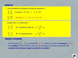 EJEMPLOS ¿ Son equivalentes las parejas de fracciones siguientes ? : Sí porque 3 . 8 = 24  y  4 . 6 = 24 No porque  5 . 7 = 35  y  4 . 10 = 40 ¿ Cuánto vale  x  en cada caso ? : 4  , y lo podemos hallar así  9  , y lo calcularemos así  MEDIOS Y EXTREMOS Si las fracciones  y  son equivalentes,  a   y  d   reciben el nombre de  extremos  y  b  y  c   el de  medios . Por ello, podremos decir que en una pareja de fracciones equivalentes  “el producto de extremos es igual al producto de medios”. 