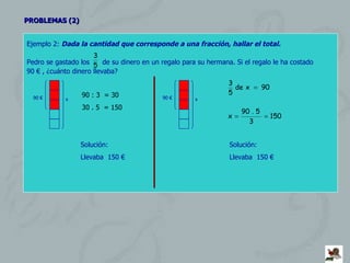 PROBLEMAS (2) Ejemplo 2:  Dada la cantidad que corresponde a una fracción, hallar el total. Pedro se gastado los  de su dinero en un regalo para su hermana. Si el regalo le ha costado  90 € , ¿cuánto dinero llevaba? 90 € x 90 : 3  = 30 30 . 5  = 150 Solución: Llevaba  150 € 90 € x Solución: Llevaba  150 € 