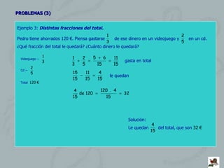 PROBLEMAS (3) Ejemplo 3:  Distintas fracciones del total. Pedro tiene ahorrados 120 €. Piensa gastarse  de ese dinero en un videojuego y  en un cd. ¿Qué fracción del total le quedará? ¿Cuánto dinero le quedará?  Videojuego --  Cd --  Total  120 € gasta en total le quedan Solución: Le quedan  del total, que son  32 €   