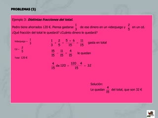 PROBLEMAS (3)


Ejemplo 3: Distintas fracciones del total.
                                              1                                    2
Pedro tiene ahorrados 120 €. Piensa gastarse      de ese dinero en un videojuego y   en un cd.
                                              3                                    5
¿Qué fracción del total le quedará? ¿Cuánto dinero le quedará?

                 1         1     2     5        6    11
 Videojuego --
                 3                                         gasta en total
                           3     5         15        15
         2
 Cd --
         5                  15    11        4
                                                    le quedan
                            15    15       15
 Total   120 €

                             4              120 . 4
                               de 120                     32
                            15                15




                                                            Solución:
                                                                         4
                                                            Le quedan      del total, que son 32 €
                                                                        15
 
