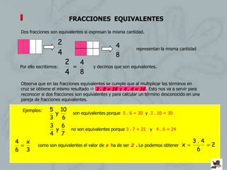 1                        FRACCIONES EQUIVALENTES
    Dos fracciones son equivalentes si expresan la misma cantidad.

                        2                            4         representan la misma cantidad
                        4                            8
                            2       4
    Por ello escribimos:        =         y decimos que son equivalentes.
                            4       8
    Observa que en las fracciones equivalentes se cumple que al multiplicar los términos en
    cruz se obtiene el mismo resultado  2 . 8 = 16 y 4 . 4 = 16 . Esto nos va a servir para
    reconocer si dos fracciones son equivalentes y para calcular un término desconocido en una
    pareja de fracciones equivalentes.

        Ejemplos:   5 10
                      y         son equivalentes porque 5 . 6 = 30 y 3 . 10 = 30
                    3   6
                    3 6
                      y         no son equivalentes porque 3 . 7 = 21 y 4 . 6 = 24
                    4 7
4        x                                                                                3. 4
               como son equivalentes el valor de x ha de ser 2 . Lo podemos obtener   x          2
6        3                                                                                 6
 