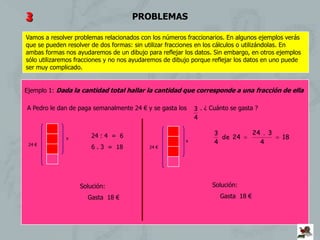 3                                    PROBLEMAS

Vamos a resolver problemas relacionados con los números fraccionarios. En algunos ejemplos verás
que se pueden resolver de dos formas: sin utilizar fracciones en los cálculos o utilizándolas. En
ambas formas nos ayudaremos de un dibujo para reflejar los datos. Sin embargo, en otros ejemplos
sólo utilizaremos fracciones y no nos ayudaremos de dibujo porque reflejar los datos en uno puede
ser muy complicado.


Ejemplo 1: Dada la cantidad total hallar la cantidad que corresponde a una fracción de ella

A Pedro le dan de paga semanalmente 24 € y se gasta los     3 . ¿ Cuánto se gasta ?
                                                            4

                       24 : 4 = 6                                  3              24 . 3
              x                                                      de 24                 18
 24 €
                                                        x          4                4
                       6 . 3 = 18          24 €




                   Solución:                                      Solución:
                     Gasta 18 €                                      Gasta 18 €
 