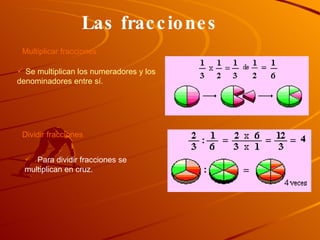Las fracciones Se multiplican los numeradores y los denominadores entre sí. Multiplicar fracciones Dividir fracciones Para dividir fracciones se multiplican en cruz. 