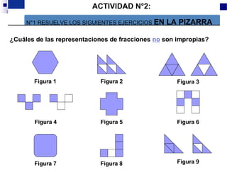 1
¿Cuáles de las representaciones de fracciones no son impropias?
Figura 1 Figura 2 Figura 3
Figura 4
Figura 9Figura 8Figura 7
Figura 6Figura 5
ACTIVIDAD N°2:
N°1 RESUELVE LOS SIGUIENTES EJERCICIOS EN LA PIZARRA