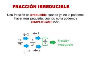 FRACCIÓN IRREDUCIBLE 
Una fracción es irreducible cuando ya no la podemos 
hacer más pequeña, cuando no la podemos 
SIMPLIFICAR MÁS.  