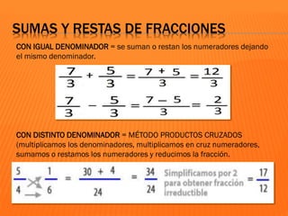 CON IGUAL DENOMINADOR = se suman o restan los numeradores dejando
el mismo denominador.
CON DISTINTO DENOMINADOR = MÉTODO PRODUCTOS CRUZADOS
(multiplicamos los denominadores, multiplicamos en cruz numeradores,
sumamos o restamos los numeradores y reducimos la fracción.
SUMAS Y RESTAS DE FRACCIONES
 