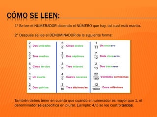 CÓMO SE LEEN:
1º Se lee el NUMERADOR diciendo el NÚMERO que hay, tal cual está escrito.
2º Después se lee el DENOMINADOR de la siguiente forma:
También debes tener en cuenta que cuando el numerador es mayor que 1, el
denominador se especifica en plural. Ejemplo: 4/3 se lee cuatro tercios.
 
