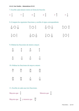 C.E.I.P. San Tesifón .- Matemáticas 6º E.P.
7.-Escribe cada número mixto en forma de fracción.
2
1
3
7
3
4
8
5
6
4
2
5
3
8
7
5
1
9
8.-Compara las siguientes fracciones y escribe el signo correspondiente.
4
10
7
10
9
3
2
3
5
12
1
12
6
4
11
4
2
9
2
7
2
15
2
12
2
8
2
14
2
5
2
3
9.-Ordena las fracciones de menor a mayor.
9
15
9
8
9
17
9
3
8
11
3
11
5
11
7
11
10.-Ordena las fracciones de mayor a menor.
16
7
16
4
16
14
16
12
24
18
16
18
3
18
7
18
11.-Escribe en cada caso tres fracciones.
Mayores que
3
7
Menores que
5
8
Mayores que
2
9
y menores que
10
9
Fracciones .- 12/ 15
 