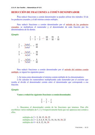 C.E.I.P. San Tesifón .- Matemáticas 6º E.P.
REDUCCIÓN DE FRACCIONES A COMÚN DENOMINADOR
Para reducir fracciones a común denominador se pueden utilizar dos métodos: El de
los productos cruzados y el del mínimo común múltiplo.
Para reducir fracciones a común denominador por el método de los productos
cruzados, se multiplican el numerador y el denominador de cada fracción por los
denominadores de las demás.
Ejemplo:
3
2
,
5
4
,
1
5
-->
60
40
,
50
40
,
8
40
3
2
=
3×4×5
2×4×5
=
60
40
5
4
=
5×2×5
2×4×5
=
50
40
1
5
=
1×2×4
2×4×5
=
8
40
Para reducir fracciones a común denominador por el método del mínimo común
múltiplo, se siguen los siguientes pasos:
1.-Se toma como denominador el mínimo común múltiplo de los denominadores.
2.-Se calculan los numeradores multiplicando cada numerador por el cociente que
resulta al dividir el denominador común entre el denominador que corresponde a esa
fracción.
Ejemplo:
Vamos a reducirlas siguientes fracciones a común denominador.
2
5
,
7
2
,
1
4
1.- Buscamos el denominador común de las fracciones que tenemos. Para ello
escribimos varios múltiplos de 5, 2 y 4 respectivamente hasta que nos aparezca uno común a
ellos.
múltiplos de 5 = 5, 10, 15, 20, 25
múltiplos de 2 = 2, 4, 6, 8, 10, 12, 14, 16, 18, 20, 22
múltiplos de 4 = 4, 8, 12, 16, 20
Fracciones .- 6/ 15
3x4x5
2x4x5
5x2x5
4x2x5
1x2x4
5x2x4
 
