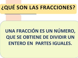 UNA FRACCIÓN ES UN NÚMERO,
QUE SE OBTIENE DE DIVIDIR UN
ENTERO EN PARTES IGUALES.
Recordar las frac c iones y sus
carac teristicas
¿QUÉ SON LAS FRACCIONES?
 