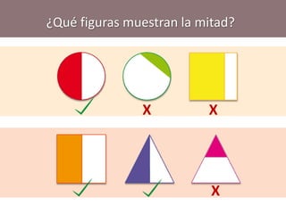 ¿Qué figuras muestran la mitad?
X X
X
 
