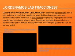 ¿ORDENAMOS LAS FRACCIONES?
CON DISTINTO NUMERADOR Y DENOMINADOR = podemos representarlo con la
misma figura geométrica, calcular su valor dividiendo numerador entre
denominador, tener en cuenta la clasificación de propias/ impropias/ unitarias,
transformar en número mixto o hacer fracciones equivalentes con el mismo
denominador por el método de los productos cruzados (de igual forma que se
suma y resta).
https://www.youtube.com/watch?v=Wk
bDxwHdVTY
https://www.youtube.com/watch?v=kTm
vME9DK2M
 
