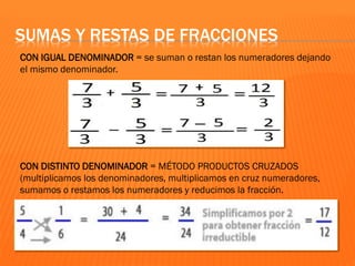 CON IGUAL DENOMINADOR = se suman o restan los numeradores dejando
el mismo denominador.
CON DISTINTO DENOMINADOR = MÉTODO PRODUCTOS CRUZADOS
(multiplicamos los denominadores, multiplicamos en cruz numeradores,
sumamos o restamos los numeradores y reducimos la fracción.
SUMAS Y RESTAS DE FRACCIONES
 