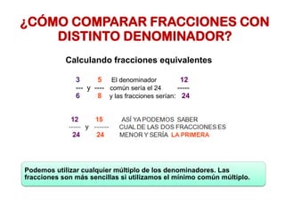 ¿CÓMO COMPARAR FRACCIONES CON
DISTINTO DENOMINADOR?
Calculando fracciones equivalentes
3 5 El denominador 12
--- y ---- común sería el 24 -----
6 8 y las fracciones serían: 24
Podemos utilizar cualquier múltiplo de los denominadores. Las
fracciones son más sencillas si utilizamos el mínimo común múltiplo.
 