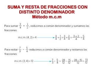 SUMA Y RESTA DE FRACCIONES CON
DISTINTO DENOMINADOR
Método m.c.m
 