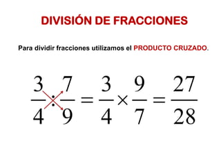 DIVISIÓN DE FRACCIONES
Para dividir fracciones utilizamos el PRODUCTO CRUZADO.
 