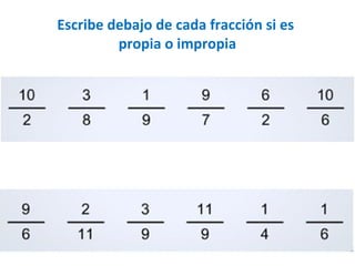 Escribe debajo de cada fracción si es
propia o impropia