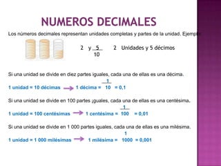 Los números decimales representan unidades completas y partes de la unidad. Ejemplo:

2 y 5
10

2 Unidades y 5 décimos

Si una unidad se divide en diez partes iguales, cada una de ellas es una décima.
1
1 unidad = 10 décimas
1 décima = 10 = 0,1
Si una unidad se divide en 100 partes ¡guales, cada una de ellas es una centésima.
1
1 unidad = 100 centésimas
1 centésima = 100 = 0,01
Si una unidad se divide en 1 000 partes iguales, cada una de ellas es una milésima.
1
1 unidad = 1 000 milésimas
1 milésima = 1000 = 0,001

 