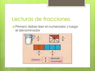 Lecturas de fracciones
 Primero debes leer el numerador y luego
el denominador
 