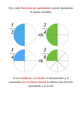 Dos o más fracciones son equivalentes cuando representan
la misma cantidad.
Si se multiplican o se dividen el denominador y el
numerador por el mismo número se obtiene otra fracción
equivalente a la inicial.
 