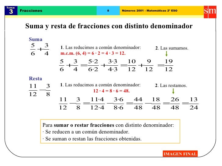 Resultado de imagen de suma y resta de fracciones con distinto denominador