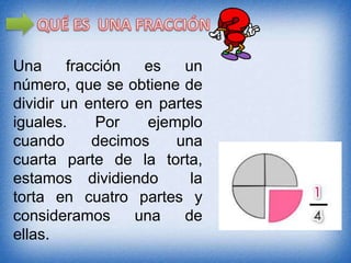 Una fracción es un
número, que se obtiene de
dividir un entero en partes
iguales. Por ejemplo
cuando decimos una
cuarta parte de la torta,
estamos dividiendo la
torta en cuatro partes y
consideramos una de
ellas.