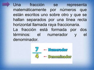 Una fracción se representa
matemáticamente por números que
están escritos uno sobre otro y que se
hallan separados por una línea recta
horizontal llamada raya fraccionaria.
La fracción está formada por dos
términos: el numerador y el
denominador.