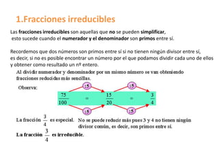1.Fracciones irreducibles
Las fracciones irreducibles son aquellas que no se pueden simplificar,
 esto sucede cuando el numerador y el denominador son primos entre sí.

Recordemos que dos números son primos entre sí si no tienen ningún divisor entre sí,
es decir, si no es posible encontrar un número por el que podamos dividir cada uno de ellos
y obtener como resultado un nº entero.
 
