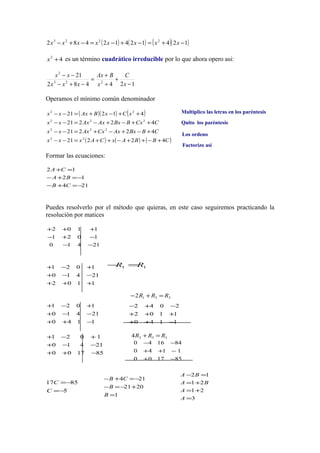 ( ) ( ) ( )( )12412412482 2223
−+=−+−=−+− xxxxxxxx
42
+x es un término cuadrático irreducible por lo que ahora opero asi:
124482
21
223
2
−
+
+
+
=
−+−
−−
x
C
x
BAx
xxx
xx
Operamos el mínimo común denominador
( )( ) ( )
( ) ( ) ( )CBBAxCAxxx
CBBxAxCxAxxx
CCxBBxAxAxxx
xCxBAxxx
42221
42221
42221
41221
22
222
222
22
+−++−++=−−
+−+−+=−−
++−+−=−−
++−+=−−
Formar las ecuaciones:
214
12
12
−=+−
−=+−
=+
CB
BA
CA
Puedes resolverlo por el método que quieras, en este caso seguiremos practicando la
resolución por matices
21410
1021
1102
−−
−+−
+++
1102
21410
1021
+++
−−+
+−+
1140
21410
1021
−++
−−+
+−+
851700
21410
1021
−++
−−+
+−+
5
8517
−=
−=
C
C
1
2021
214
=
+−=−
−=+−
B
B
CB
3
21
21
12
=
+=
+=
=−
A
A
BA
BA
11 RR =−
3312 RRR =+−
1140
1102
2042
−++
+++
−+−
3324 RRR =+
851700
1140
841640
−+
−++
−−
Multiplico las letras en los paréntesis
Quito los paréntesis
Los ordeno
Factorizo asi
 