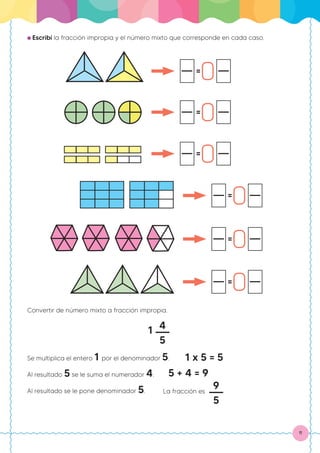 11
● Escribí la fracción impropia y el número mixto que corresponde en cada caso.
=
=
=
=
=
=
Convertir de número mixto a fracción impropia.
4
5
1
Se multiplica el entero 1 por el denominador 5. 1 x 5 = 5
Al resultado 5 se le suma el numerador 4. 5 + 4 = 9
Al resultado se le pone denominador 5.
9
5
La fracción es
 