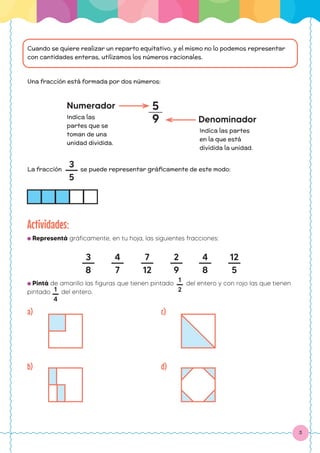 3
Cuando se quiere realizar un reparto equitativo, y el mismo no lo podemos representar
con cantidades enteras, utilizamos los números racionales.
Una fracción está formada por dos números:
5
9
Numerador
Denominador
Indica las
partes que se
toman de una
unidad dividida.
Indica las partes
en la que está
dividida la unidad.
La fracción se puede representar gráficamente de este modo:
3
5
Actividades:
● Representá gráficamente, en tu hoja, las siguientes fracciones:
3
8
4
7
7
12
2
9
4
8
12
5
● Pintá de amarillo las figuras que tienen pintado del entero y con rojo las que tienen
pintado del entero.
1
2
1
4
a) c)
b) d)
 