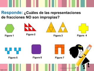 Responde: ¿Cuáles de las representaciones
de fracciones NO son impropias?



 Figura 1      Figura 2        Figura 3    Figura 4




    Figura 5        Figura 6    Figura 7
 