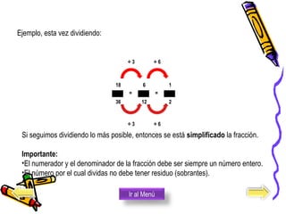   ÷ 3   ÷ 6  
 
18
 = 
6
 = 
1
     
36 12 2
 
  ÷ 3   ÷ 6  
Ejemplo, esta vez dividiendo:
Si seguimos dividiendo lo más posible, entonces se está simplificado la fracción. 
Importante:
•El numerador y el denominador de la fracción debe ser siempre un número entero. 
•El número por el cual dividas no debe tener residuo (sobrantes).
Ir al Menú
 
