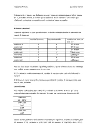 Fracciones Primaria

Luz María Marván

Análogamente, si alguien que da 3 pasos avanza 4 leguas, en cada paso avanza 3/4 de legua y
3/4 es, simultáneamente, el número que se obtiene al dividir 3 entre 4 y un número que
relaciona la cantidad de pasos dados con la cantidad de leguas avanzadas.
_____________________________________________________________________________
Actividad 3 (equipos)
Escriba en el pizarrón la tabla que llenaron los alumnos cuando resolvieron los problemas del
reparto de los panes
cantidad de panes
problema A
problema B
problema C
problema D
problema E
problema F
problema G

3
5
1
7
5
1
1

cantidad de niños
4
6
4
12
12
6
12

cantidad que le toca a
cada uno
3/4 de pan
5/6 de pan
1/4 de pan
7/12 de panes
5/12 de pan
1/6 de pan
1/12 de pan

Pida que cada equipo resuelva los siguientes problemas y que al terminar diseñe una estrategia
para verificar si sus respuestas son o no correctas.
A) ¿En cuál de los problemas es mayor la cantidad de pan que recibe cada niño? ¿En cuál es
menor ?
B) Ordenen de menor a mayor las fracciones que indican la cantidad de pan que recibió cada
niño en cada problema.
Observaciones
Para ordenar las fracciones de la tabla, una posibilidad es escribirlas de modo que todas
tengan el mismo denominador. Por ejemplo, de modo que todas tengan denominador 12:
3/4 = 9/12
5/6 = 10/12
1/4 = 3/12
7/12
5/12
1/6 = 2/12
1/12

De esta manera, se facilita ver que la menor es 1/12 y las siguientes, en orden ascendente, son
1/6 (es decir, 2/12), 1/4 (es decir, 3/12), 5/12, 7/12, 3/4 (es decir, 9/12) y 5/6 (es decir, 10/12).

 