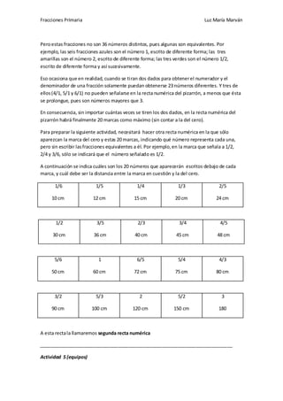 Fracciones Primaria

Luz María Marván

Pero estas fracciones no son 36 números distintos, pues algunas son equivalentes. Por
ejemplo, las seis fracciones azules son el número 1, escrito de diferente forma; las tres
amarillas son el número 2, escrito de diferente forma; las tres verdes son el número 1/2,
escrito de diferente forma y así sucesivamente.
Eso ocasiona que en realidad, cuando se tiran dos dados para obtener el numerador y el
denominador de una fracción solamente puedan obtenerse 23 números diferentes. Y tres de
ellos (4/1, 5/1 y 6/1) no pueden señalarse en la recta numérica del pizarrón, a menos que ésta
se prolongue, pues son números mayores que 3.
En consecuencia, sin importar cuántas veces se tiren los dos dados, en la recta numérica del
pizarrón habrá finalmente 20 marcas como máximo (sin contar a la del cero).
Para preparar la siguiente actividad, necesitará hacer otra recta numérica en la que sólo
aparezcan la marca del cero y estas 20 marcas, indicando qué número representa cada una,
pero sin escribir las fracciones equivalentes a él. Por ejemplo, en la marca que señala a 1/2,
2/4 y 3/6, sólo se indicará que el número señalado es 1/2.
A continuación se indica cuáles son los 20 números que aparecerán escritos debajo de cada
marca, y cuál debe ser la distancia entre la marca en cuestión y la del cero.
1/6

1/5

1/4

1/3

2/5

10 cm

12 cm

15 cm

20 cm

24 cm

1/2

3/5

2/3

3/4

4/5

30 cm

36 cm

40 cm

45 cm

48 cm

5/6

1

6/5

5/4

4/3

50 cm

60 cm

72 cm

75 cm

80 cm

3/2

5/3

2

5/2

3

90 cm

100 cm

120 cm

150 cm

180

A esta recta la llamaremos segunda recta numérica
__________________________________________________________________________
Actividad 5 (equipos)

 