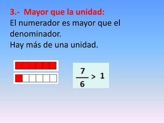 3.- Mayor que la unidad:
El numerador es mayor que el
denominador.
Hay más de una unidad.
 