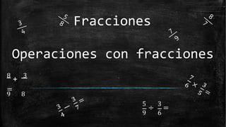 Fracciones
Operaciones con fracciones
8
+ 3
=
9 8
5
÷
3
=
9 6
 