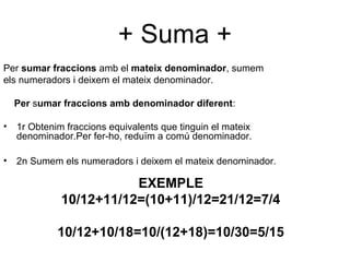 + Suma +
Per sumar fraccions amb el mateix denominador, sumem
els numeradors i deixem el mateix denominador.

  Per sumar fraccions amb denominador diferent:

• 1r Obtenim fraccions equivalents que tinguin el mateix
  denominador.Per fer-ho, reduïm a comú denominador.

• 2n Sumem els numeradors i deixem el mateix denominador.

                        EXEMPLE
             10/12+11/12=(10+11)/12=21/12=7/4

            10/12+10/18=10/(12+18)=10/30=5/15
 
