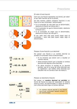 Fraccions 
El valor d’una fracció 
Com que una fracció representa una divisió, per saber 
el seu valor hauríem de fer la divisió. 
De tota manera, podem comparar fraccions si ens 
fixem en el seu numerador i denominador. 
• Si el numerador és més petit que el denominador, 
aleshores la fracció val menys que 1. 
• Si el numerador és igual al denominador, aleshores 
la fracció val 1. 
• Si el numerador és major que el denominador, 
aleshores la fracció val més que 1. 
El seu valor serà més gran quant major sigui el 
numerador, i serà més petit quant major sigui el 
denominador. 
Passar d’una fracció a un decimal 
Per passar una fracció a un nombre decimal es 
divideix el numerador entre el denominador. 
• Hi ha divisions que donen com a resultat un 
nombre natural. 
• Altres divisions donen com a resultat un nombre 
decimal amb algunes xifres decimals. 
• En altres divisions el resultat és un decimal 
periòdic, que té un grup de xifres decimals que 
es repeteixen i per moltes xifres decimals que 
calculem mai no s’arriba a tenir de residu 0. 
Passar un decimal a fracció 
Per passar un nombre decimal no periòdic en 
forma de fracció es posa de numerador el nombre 
sense la coma i de denominador l’1 seguit de tants 0 
com xifres decimals tingui el nombre decimal. 
MATEMÀTIQUES 1r ESO  67 
5 
8 
3 
3 
3 
12 : 4 3 
42 : 8 5,25 
12 
42 
8 
= = 
7 : 3 2,333333... 
7 
3 
= = 
4 
= = 
47 
1000 
0,047 = 
321 
100 
3,21 = 
8 
 
4 
8 
 
• Un nombre natural equival a una fracció 
que té per numerador aquest nombre i 1 
per denominador. 
7 
1 
7 = 
 