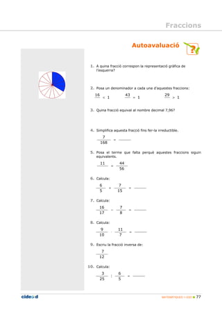 Autoavaluació 
1. A quina fracció correspon la representació gràfica de 
29 
MATEMÀTIQUES 1r ESO  77 
l’esquerra? 
2. Posa un denominador a cada una d’aquestes fraccions: 
1 
16 
43 
 1 
=  
1 
3. Quina fracció equival al nombre decimal 7,96? 
4. Simplifica aquesta fracció fins fer-la irreductible. 
= 
7 
168 
5. Posa el terme que falta perquè aquestes fraccions siguin 
equivalents. 
11 44 
56 
= 
6. Calcula: 
7 
+ = 
15 
6 
5 
7. Calcula: 
7 
− = 
8 
16 
17 
8. Calcula: 
11 
× = 
7 
9 
10 
9. Escriu la fracció inversa de: 
7 
12 
10. Calcula: 
= 
6 
5 
: 
3 
25 
Fraccions 
 